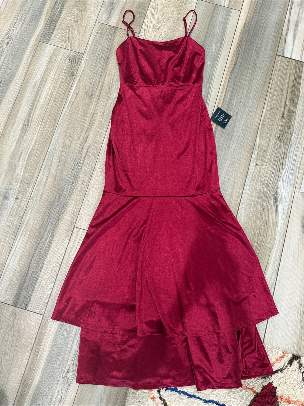 NWT Lulu's Red Satin Maxi Slip Dress with Flared tiered bottom